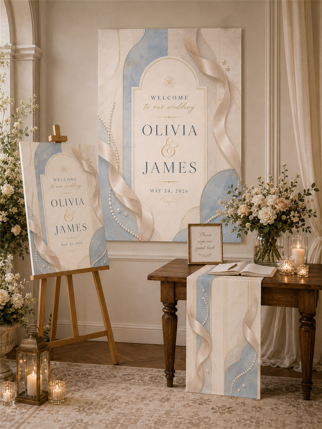 Elegant gray-blue and champagne gold wedding decorations - romantic and elegant wedding - arched frame design with ribbons and pearls as embellishments - custom name and date